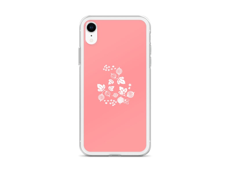 Pu&ograve; includere: Una custodia per telefono rosa con un contorno bianco di un cespuglio di ribes con bacche e foglie.