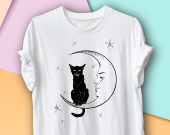 Cat in Moon Shirt, Halloween Celestial Witch Shirt, Witchcraft or Occult Shirt, Moon Shirt, Mystical