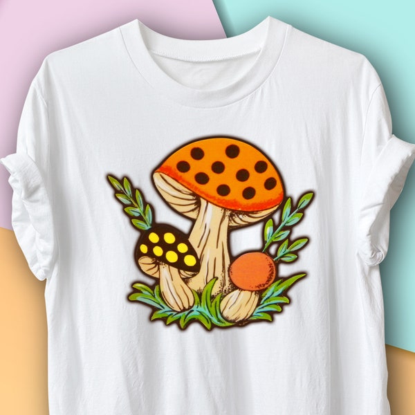 Vintage Merry Mushrooms T-Shirt, Mom's Kitchen 1970s, Kitchen Pattern Cookware and Canisters, Nostalgia