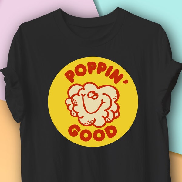 Vintage Scratch en Sniff Sticker Grafisch T-shirt, Poppin Good Popcorn design, Nostalgie jaren 80