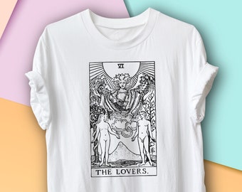 Vintage Tarot camiseta 'The Lovers', camisa de bruja celestial, camisa de brujería u oculta, camisa de adivinactual, mística