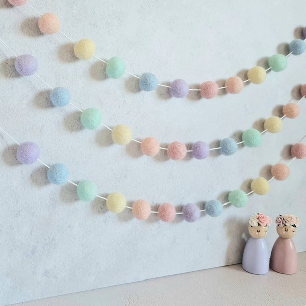 Pastel rainbow pom pom garland, easter felt ball garland, girl nursery decor, pastel nursery decor, Easter decorations, baby shower bunting