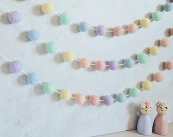 Pastel rainbow pom pom garland, easter felt ball garland, girl nursery decor, pastel nursery decor, Easter decorations, baby shower bunting