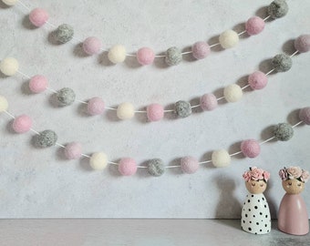 Pink and grey pom pom garland, girl nursery decor, felt ball garland, playroom bunting, baby shower decor, photo prop, newborn gift