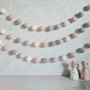 Pink and grey pom pom garland, girl nursery decor, felt ball garland, playroom bunting, baby shower decor, photo prop, newborn gift