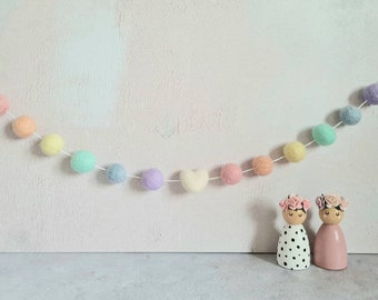 Pastel rainbow pom pom garland, heart bunting, felt ball garland, baby shower bunting, rainbow nursery decor, Easter decorations, photo prop