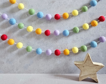 Rainbow pom pom garland, felt ball garland, bright rainbow nursery decor, baby shower bunting, playroom decor, bunting, baby gift