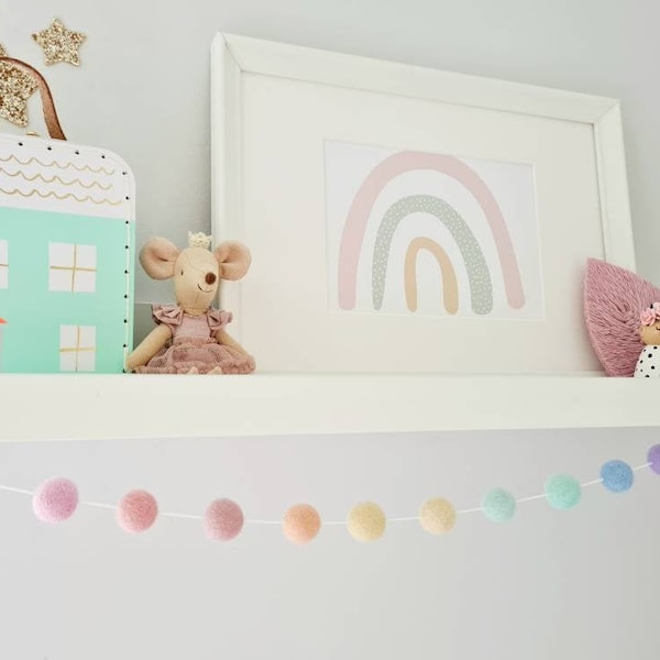 Pastel rainbow pom pom garland, felt ball garland, rainbow nursery decor, baby shower bunting, playroom decor, girl room bunting, baby gift