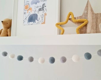 Blue and grey pom pom garland, blue felt ball garland, blue nursery decor, boy nursery decor, baby shower bunting, nursery wall hanging