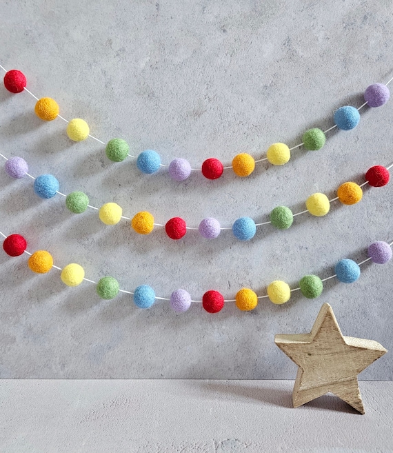 Rainbow Felt Ball Garland: Bright Nursery Decor, pompom bunting