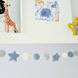 Blue and grey star pom pom garland, felt ball garland, boy nursery decor, blue nursery decor, baby shower bunting, star bunting, photo prop