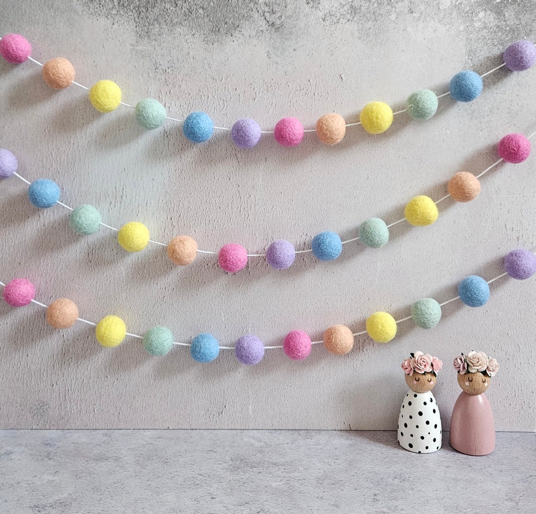 Rainbow Felt Ball Garland: Pastel Pom Pom Bunting, Girl Nursery Decor ...