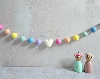 Rainbow pom pom garland, heart bunting, felt ball garland, baby shower bunting, rainbow nursery decor, Easter decorations, photo prop