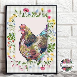 Set of 4 Farmhouse Wall Art Printable, Floral Wall Art, Farmhouse decor, Chicken Wall Art, Nursery Wall Art Print, Farmhouse Chickens Art,