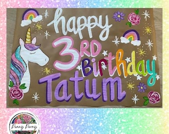 Unicorn Birthday Banner, Hand Painted, Kraft Paper Custom Banner Birthday, Magical, Celebration, Paper Banner Personalized Celebration