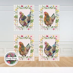 Set of 4 Farmhouse Wall Art Printable, Floral Wall Art, Farmhouse decor, Chicken Wall Art, Nursery Wall Art Print, Farmhouse Chickens Art,