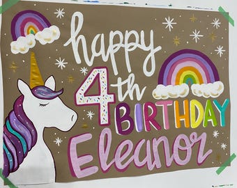 Unicorn Birthday Banner, Hand Painted, Kraft Paper Custom Banner Birthday, Magical, Celebration, Paper Banner Personalized Celebration