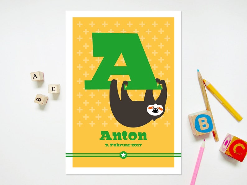 Nursery picture with children\u2019s name as personalized gift for birth and baptism in DIN A4 for girls and boys