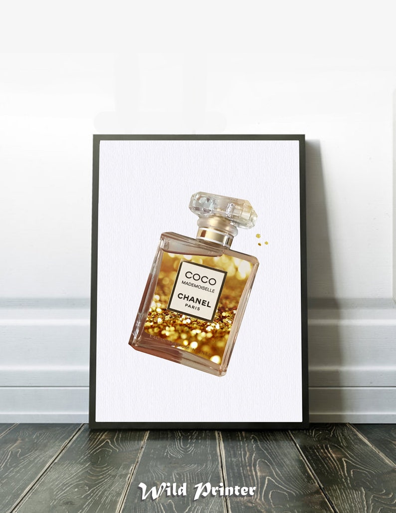 Chanel Glitter Wall Art Glam Room Decor Gold Perfume Canvas Etsy