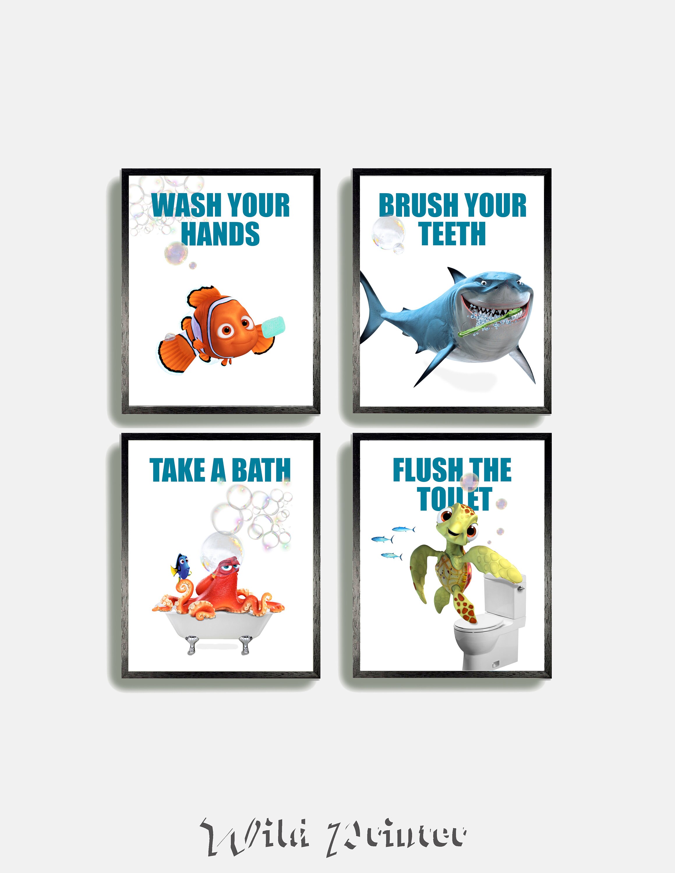 Finding Nemo Bathroom Set of 4 Prints Wash Hands Wall Art Etsy