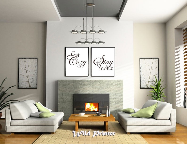 Inspirational Poster A4 Printable Guest Room Canvas Wall Art Over the Bed Home Decor Above Bed Sign Get Cozy Stay Awhile Set of 2 Print