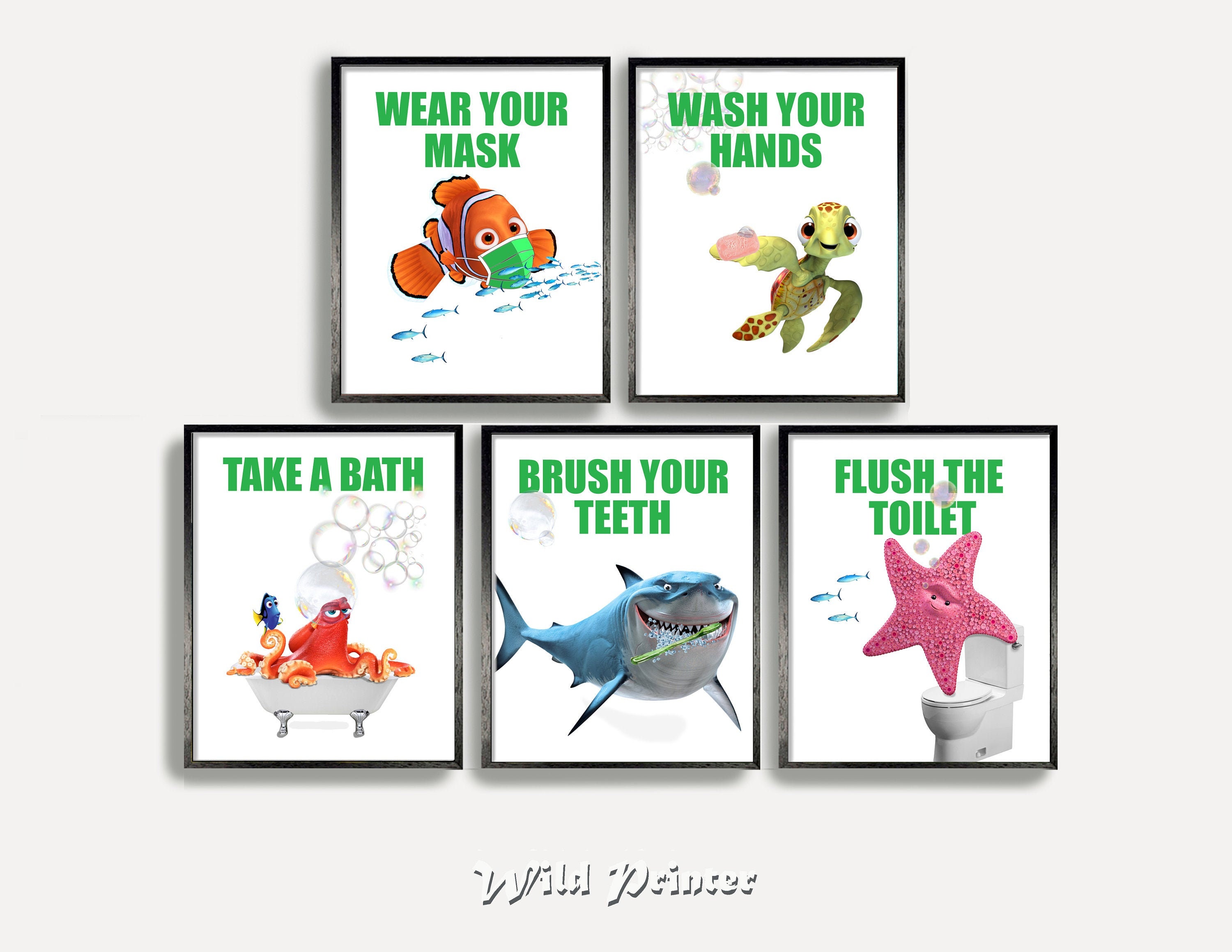 Finding Nemo Bathroom Set Of 5 Prints Wash Hands Wall Art Etsy