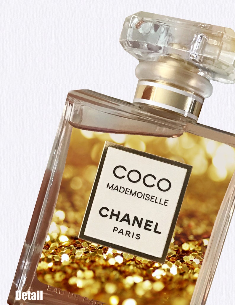 Chanel Glitter Wall Art Glam Room Decor Gold Perfume Canvas Etsy