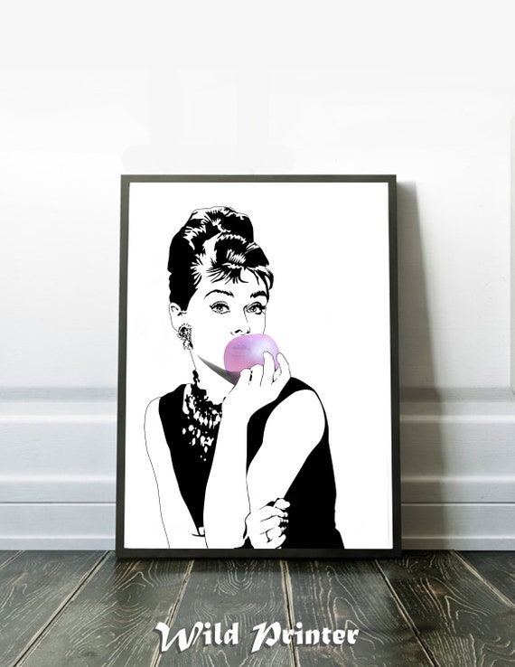 Audrey Hepburn Bubble Gum Print Bedroom Wall Art Funny Celebrity Poster Pink Fashion Illustration Teen Girls Room Home Decor Printable