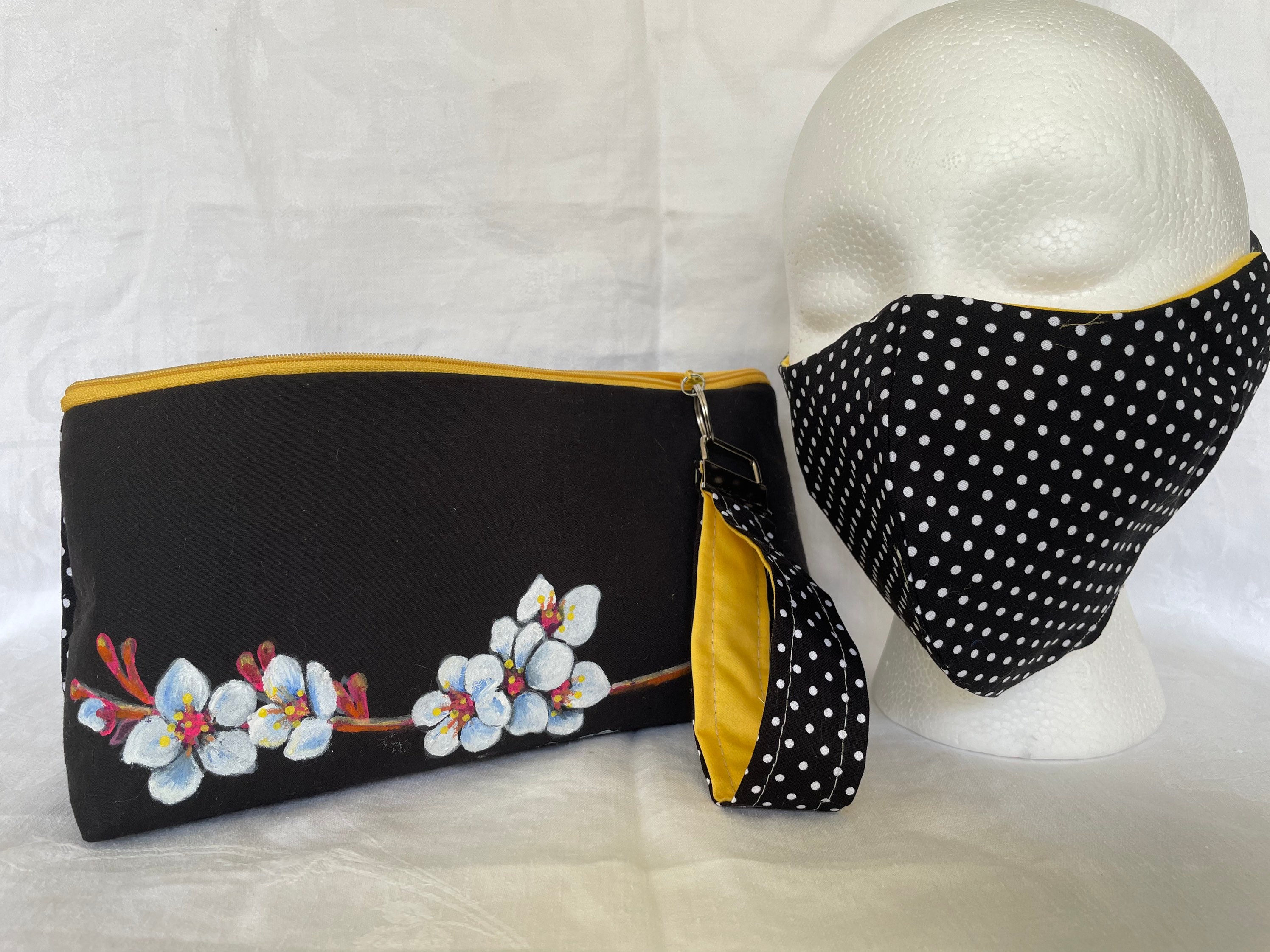 Designer Matching Wristlet/Clutch and Mask Set with Hand Painted Cherry Blossom Design and Polka Dotted Fabric