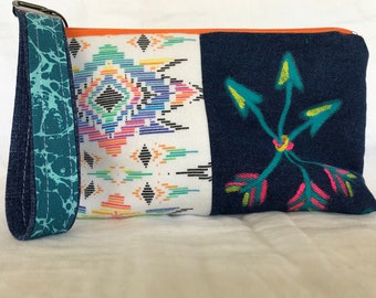Vintage Recycled , Upcycled Jean Bag with Wristlet. Fully Lined with Zipper and Southwestern Design