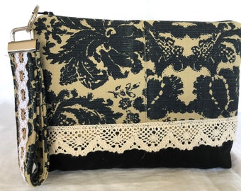 Upcycled, Recycled, Repurposed Jean Print & Lace Purse and Wristlet Set