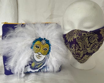 Designer Masquerade Series White Feather Bag and Mask Set with Swarovski Crystals. Can be Used as a Clutch, Small Handbag or Makeup Bag.