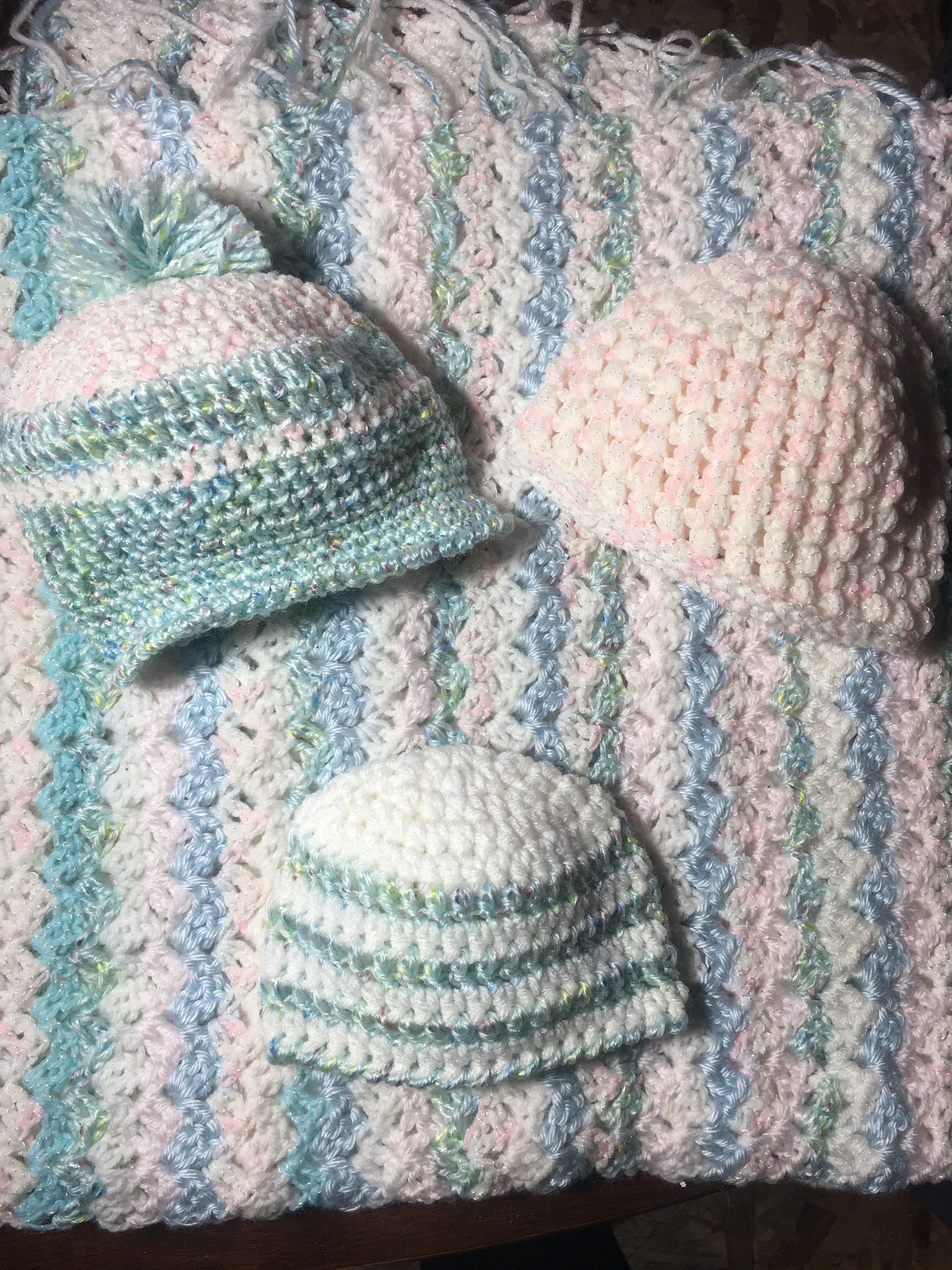 Crocheted Baby Hats and Blanket Set Etsy