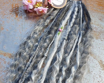 MiJoMade Curly Ponytail Dread Set: 8 dreads on a hair elastic- MADE TO ORDER -Dark gray roots, light gray tips