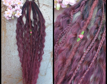 MiJoMade burgundy dreadlock ponytail: 7 dreads on a tie and one is embroidered