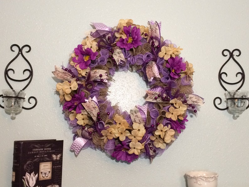 Burlap Wreath Spring Wreath Purple Gerber Daisies Spring Decor Wall Accent