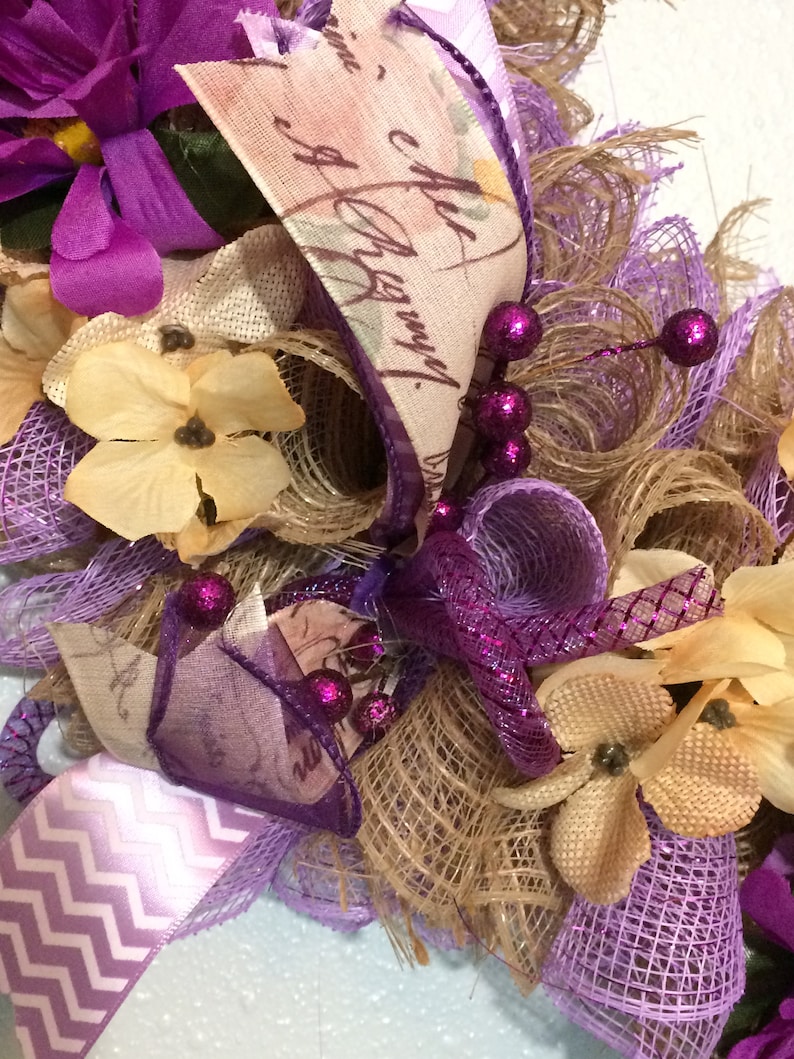 Burlap Wreath Spring Wreath Purple Gerber Daisies Spring Decor Wall Accent
