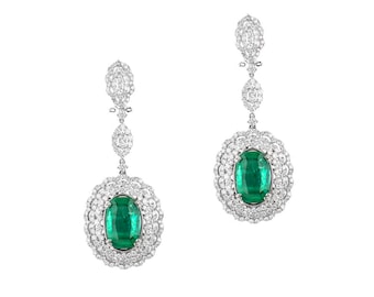 Estate GIA 18K White Gold 17.08 CTW Emerald & Diamond Drop Dangle Earrings