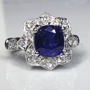 Estate GIA 6.58 CTW Natural Blue Ceylon Sapphire & Diamond Engagement 18K Ring