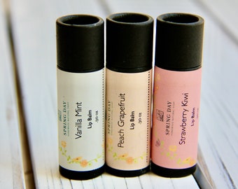 Mango butter lip balm, peach grapefruit, vanilla mint, strawberry kiwi, chapstick, cardboard tubes, eco-friendly, lip salve