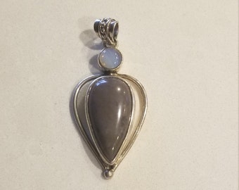 Pretty Sterling Silver Pendant with Moonstone and Agate, Grayish Colored Agate and Round Moonstone Set in Teardrop Shaped Setting