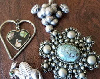 Vintage Lot of Mexican Silver/Alpaca Jewelry:  Inlaid Heart Pendant, Grapes Brooch, Donkey Brooch, and Cantenille Turquoise Brooch