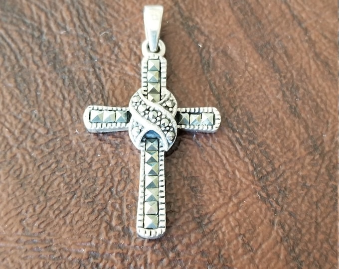 Vintage Sterling Silver and Marcasite Cross Pendant Nicely Detailed Cross Pendant with Round and Square Marcasite Stones