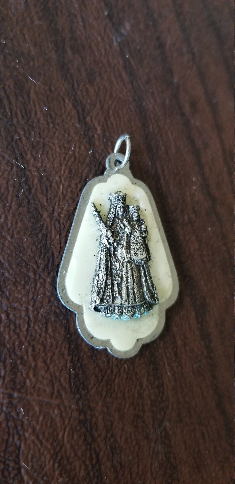 Vintage Italian Religious Medal Silver Metal and Celluloid Our Lady of Consolation MedalPendant