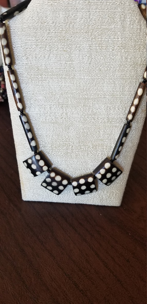 Vintage African Batik Bone Bead Necklace, Spotted 