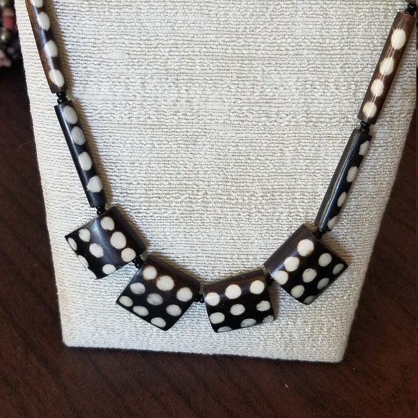 Vintage African Batik Bone Bead Necklace, Spotted African Beads, 17 inch Beaded Necklace