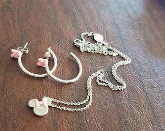Fun Walt Disney Minnie Mouse Necklace & Earring Set, Silver Plated Necklace/Earrings with Pink Enamel, Pierced Earrings have Sterling Posts