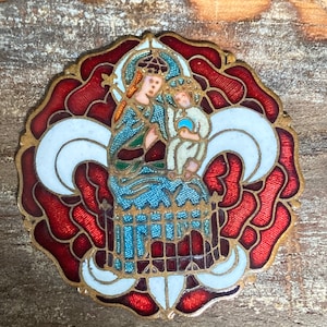 Vintage red enamel French religious medallion,  Diocese De Lille, missing pin back