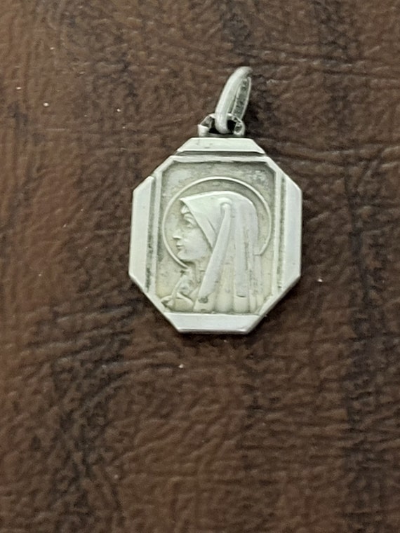 Vintage French Sterling Silver Virgin Mary Medal/… - image 1