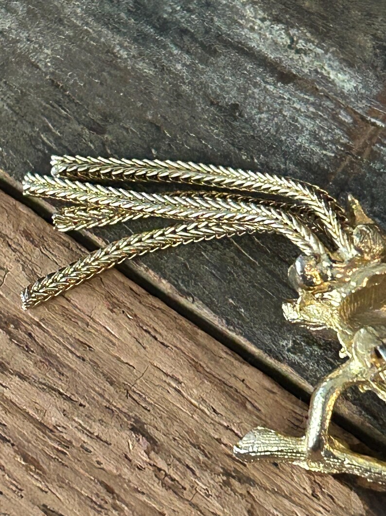 May include: A gold-toned brooch with a detailed design and a long, dangling chain of linked metal.